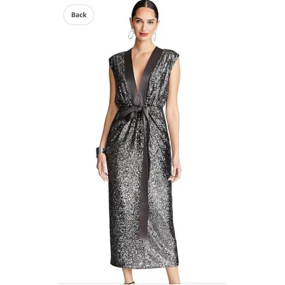 Halston Ranae Cocktail Dress Womens 0 Black Silver Sequin Sheath Blouson Drape